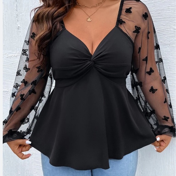 SHEIN Unity Plus Contrast Butterfly Mesh Twist Front Top size 3XL BLACK NWOT - Picture 5 of 6